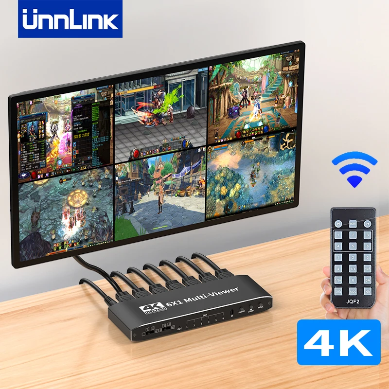 

Unnlink 4K HDMI Multiviewer 6x1 Seamless Switch Quad Screen Switcher 6 In 1 Out with IR Remoter for Camera Monitor