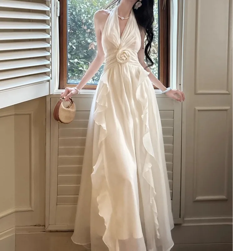 

Beige Halter Elegant Dress Women Summer Holiday Party Sleeveless Clothing Lady Streetwear Chic Vestidos Bodycon Floral