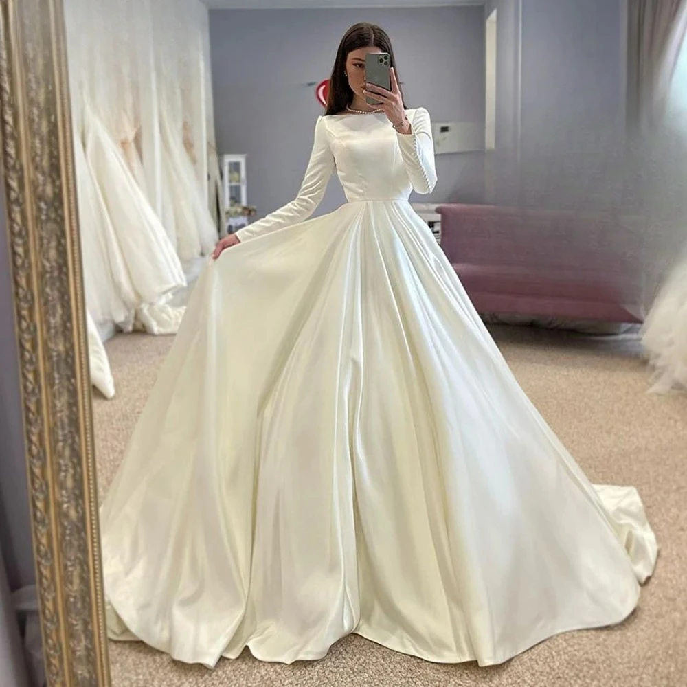 

Modeast A-line Wedding Dresses Satin Full Sleeve Button Muslim Sweep Train Wedding Party Bridal Gown Customized vestido de novia