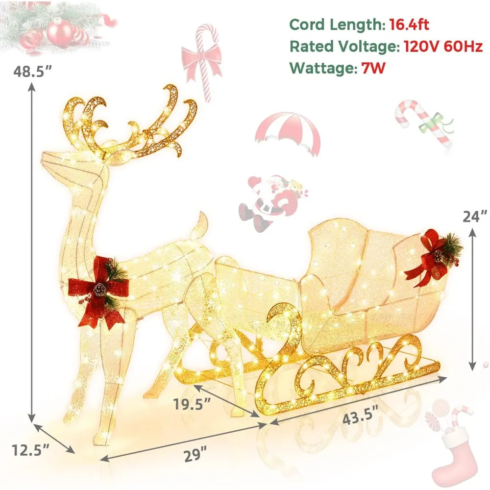 6 FT Christmas Lighted Reindeer & Santa’s Sleigh W/ 215 LED Lights & 4 Ground Stakes, Xmas Lighted Outdoor Yard Decoration