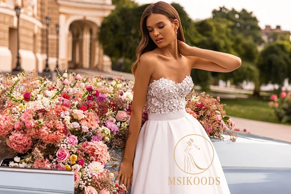 Msikoods A Line Abiti da sposa Donna Applicazioni in pizzo Senza spalline Abito da sposa da sposa 2025 Abito da sposa lungo Boho in raso personalizzato
