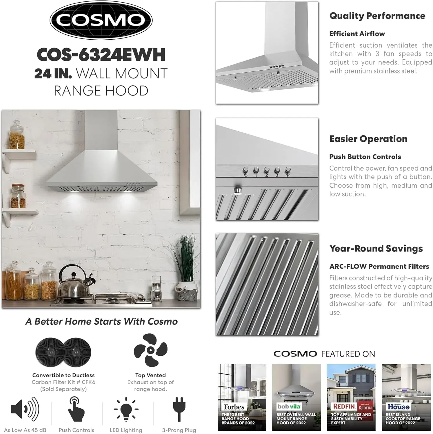 COS-6324EWH Wall Mount Range Hood, Chimney-Style Over Stove Vent, 3 Speed Fan, Permanent Filters, LED Lights in Stainless Steel
