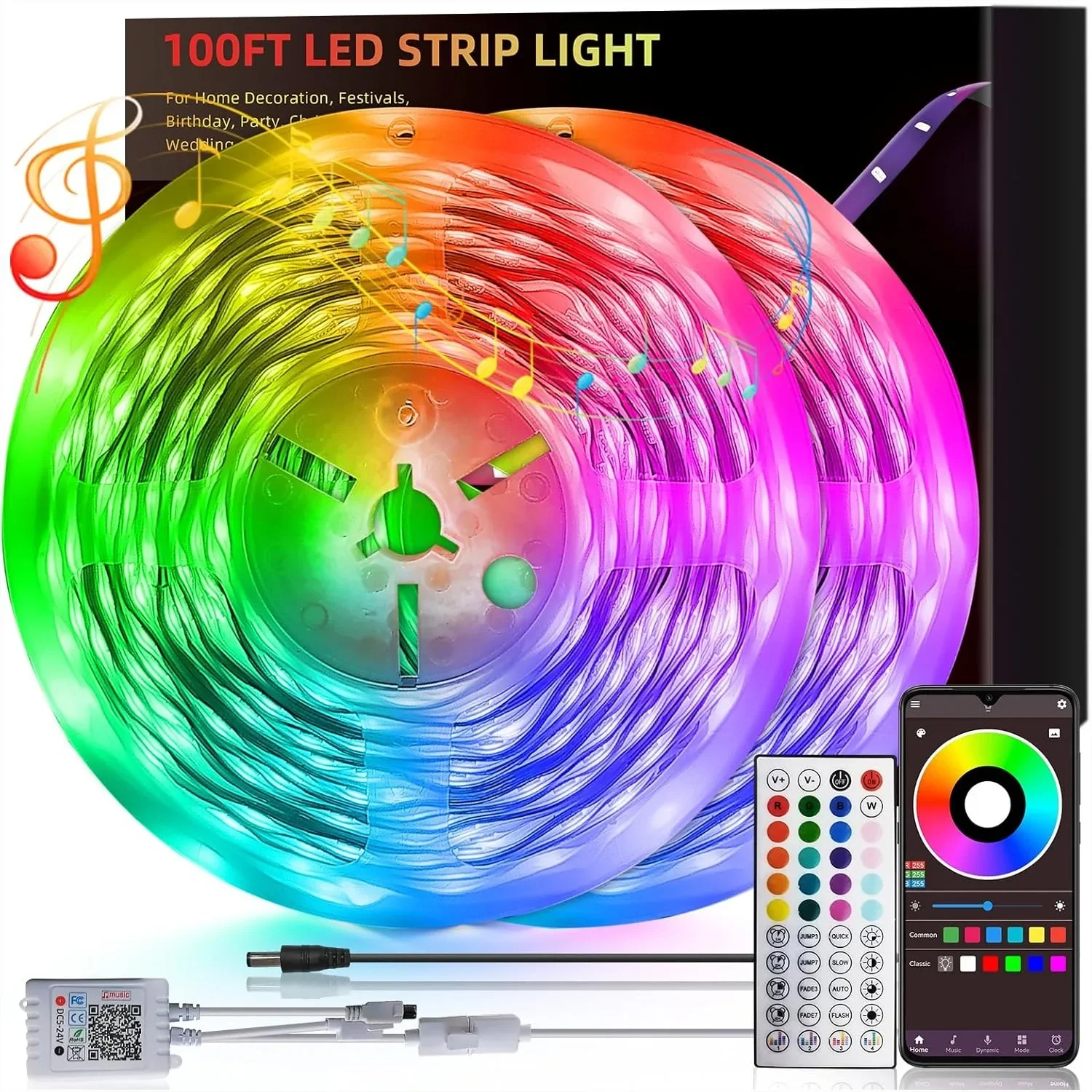

100ft LED Strip Lights for Bedroom, Music Sync Color Changing with Remote & App Control, RGB Lights for Room Dorm Home Ceiling