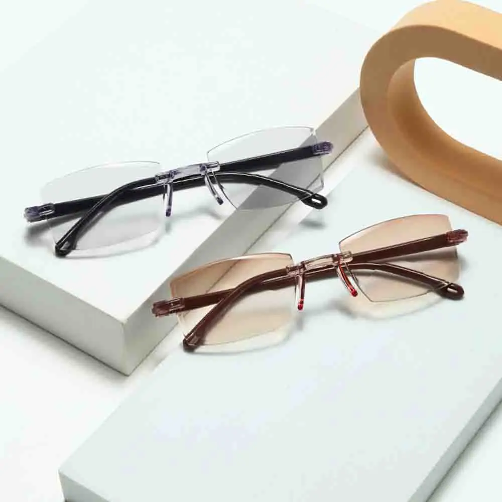 

New Blue Light Prevention Diamonds Side Cut Double-light Reading Glasses Frameless High Definition Presbyopic Glasses +1.0+4.0