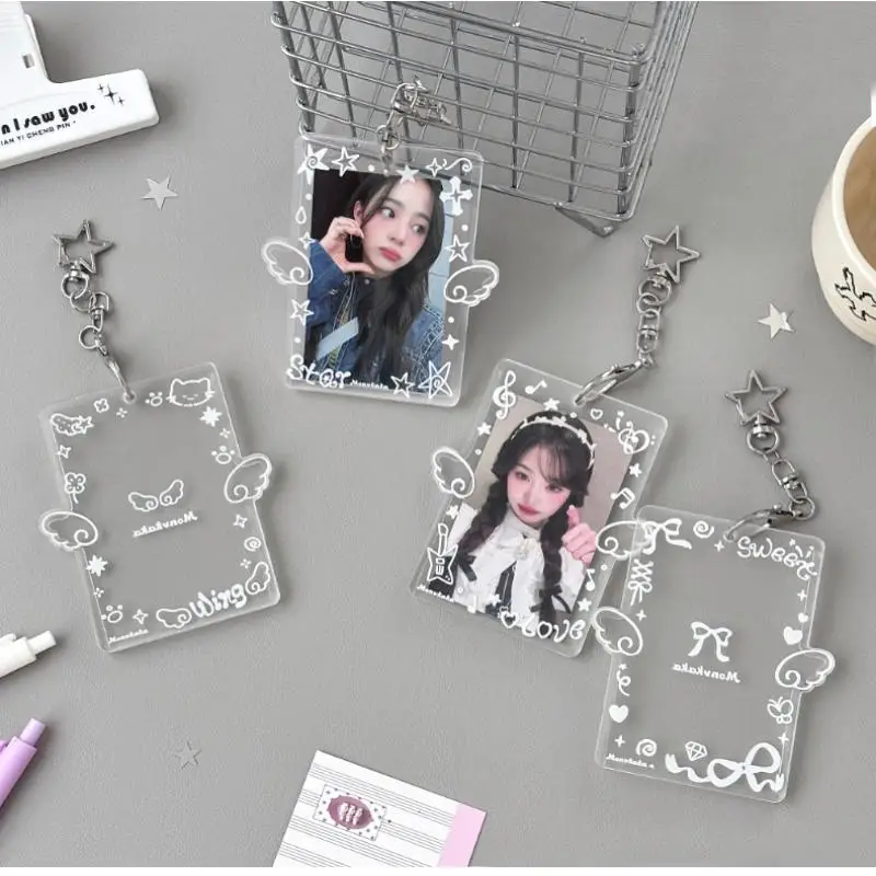 Acrylic Clear Photocard Holder With Cute Wing Print And Star Keychain Perfect For Fans Photo Collection And Bag Decoration