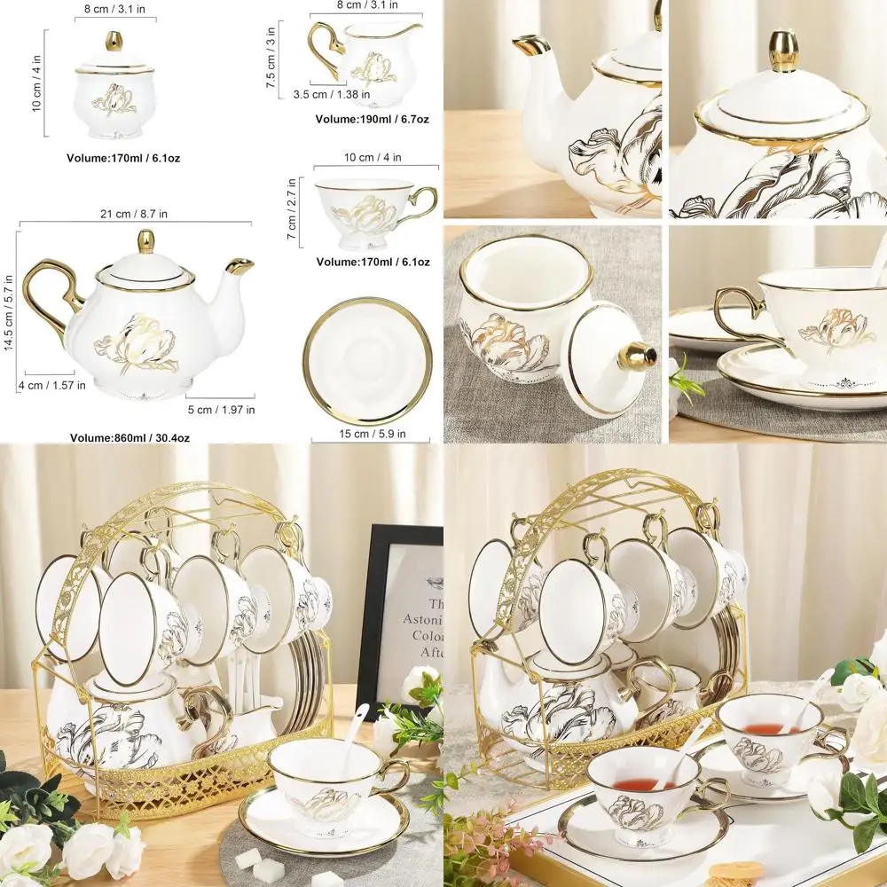 

Bone China 22-Piece Tulip Tea and Coffee Set with Metal Holder for Afternoon Tea, 6 Cups and Saucers, Ideal for Home, Wedding, B