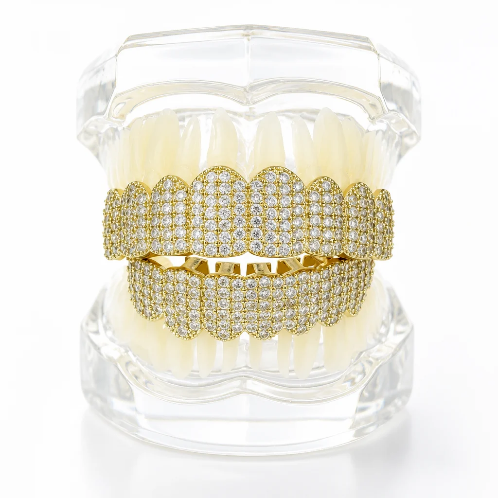 Copper Teeth Studded With Zirconia, Featuring Eight Teeth, Hip-Hop Style, Exaggerated Tooth Decoration, Accessory.