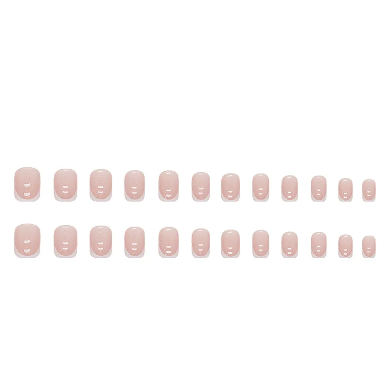 24 pièces à pression carrée courte sur les ongles-conception de pointe française avec paillettes roses et bordure blanche |   Style minimaliste