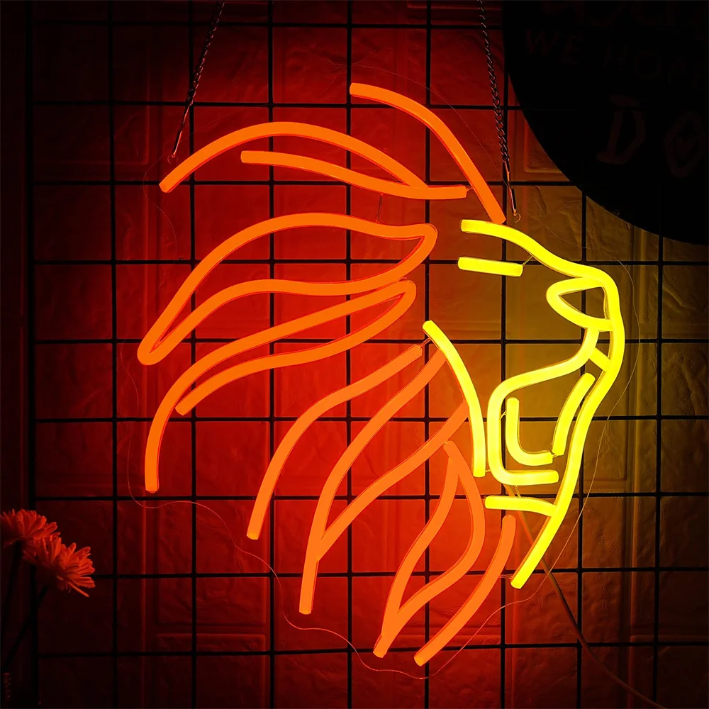 Lion Neon Signs Orange Yellow Lions Head Neon Light for Office Bedroom Livingroom Bar Party Man Cave Gameroom