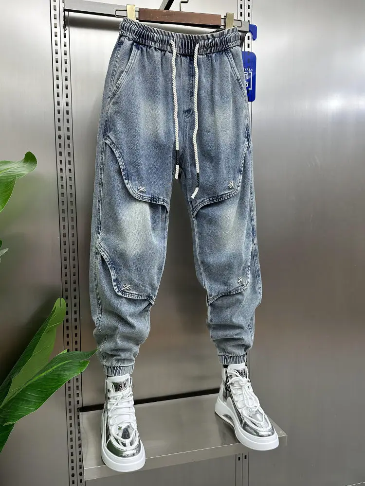 Hip Hop Pleated Street Pants Cross Embellishment Hip Hop Harajuku Blue Jeans Luxury Brand Men Trousers