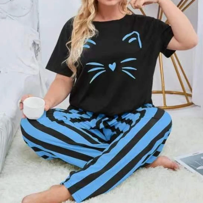

2025 Spring Summer Pajamas Women Size XL-6XL Shredded Milk Set with Watermark Print Striped Pants Homewear (Зимняя Пижама)