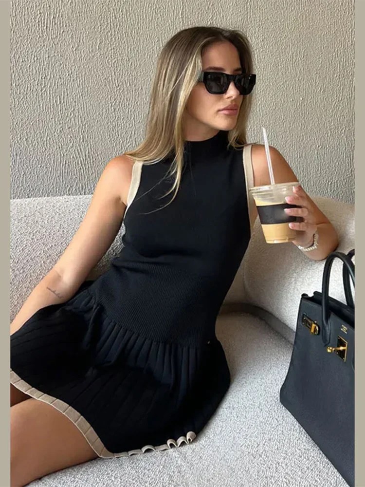 Women Fashion Contrast Pleated Knitted Mini Dress Chic Half High Collar Sleeveless Slim Dresses 2024 New Female High Streetwear