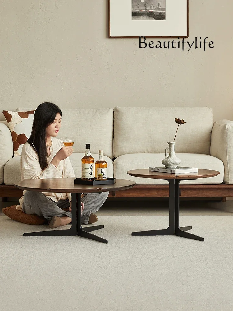 Y Black Walnut Coffee Table Round Combination Solid Wood Coffee Table TV Cabinet Combination Size Apartment Living Room Househo