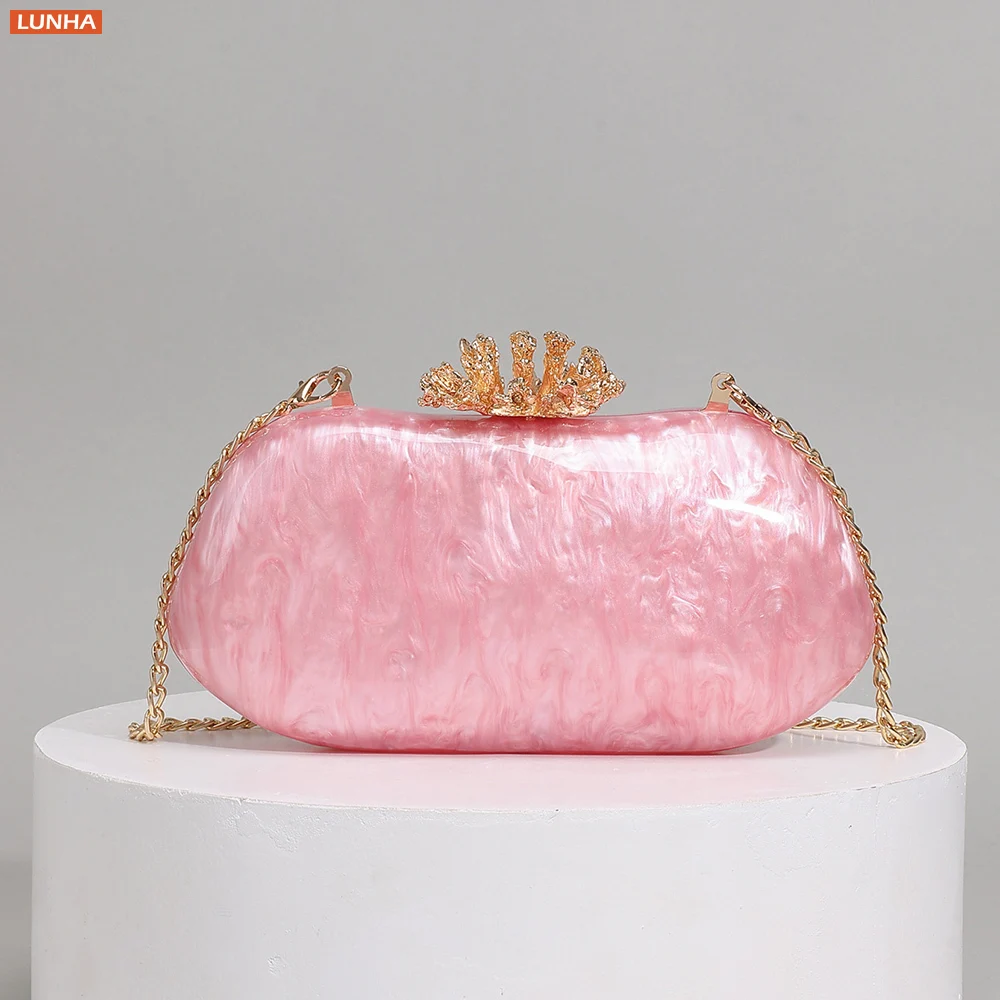 Luxury Pearl Effect Shell Clutch Bag Resin Hardshell Evening Crossbody Purse with Detachable Chain & Coral Clasp For Women Party