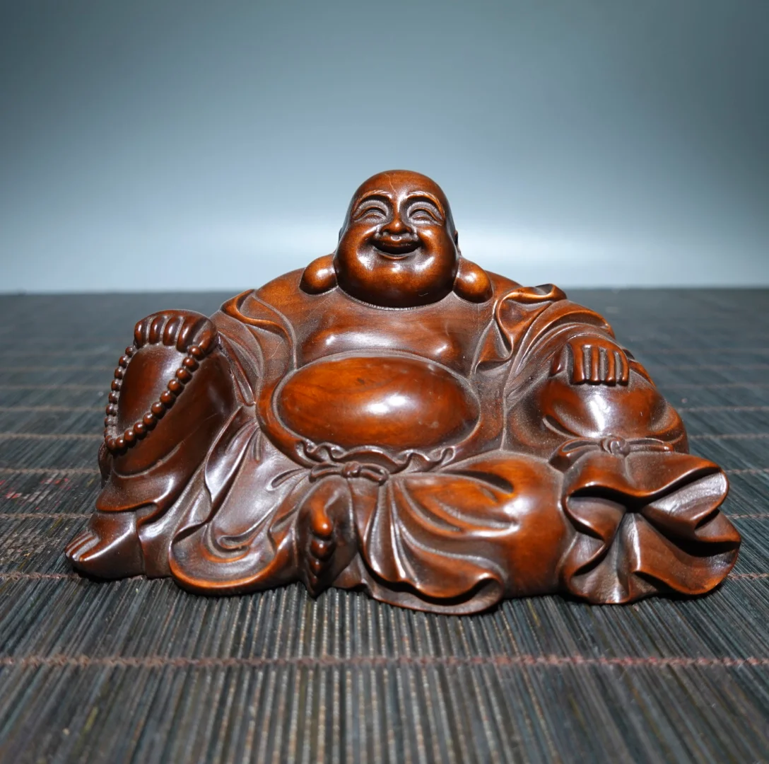 Retro Collection of Poplar Wood Maitreya Buddha Decorative Crafts and Ornaments