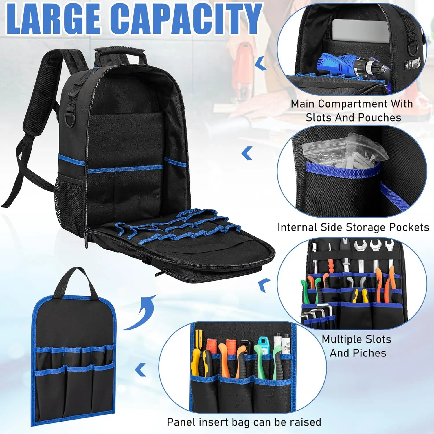 Heavy Du ty Work Backpack Water Resistant Tool Bag With Padded Shoulder Straps And Removable Tool Organizer For Electricians
