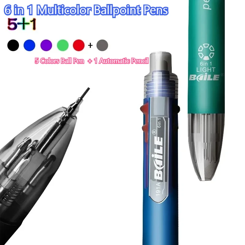 6-in-1 Mehrfarbige Kugelschreiber 5 Farben Kugelschreiber 1 Automatischer Bleistift mit Radiergummi für Schule Büro Schreibwaren