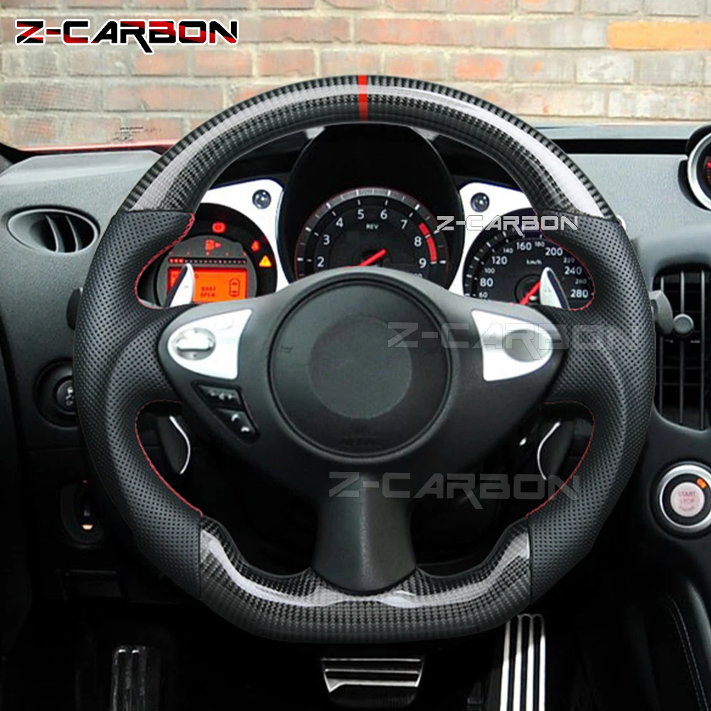 Real Carbon Fiber Steering Wheel Flat Bottom Perforated Leather Hand Grips For Nissan 370z 2009 to 2018 Sport Wheel