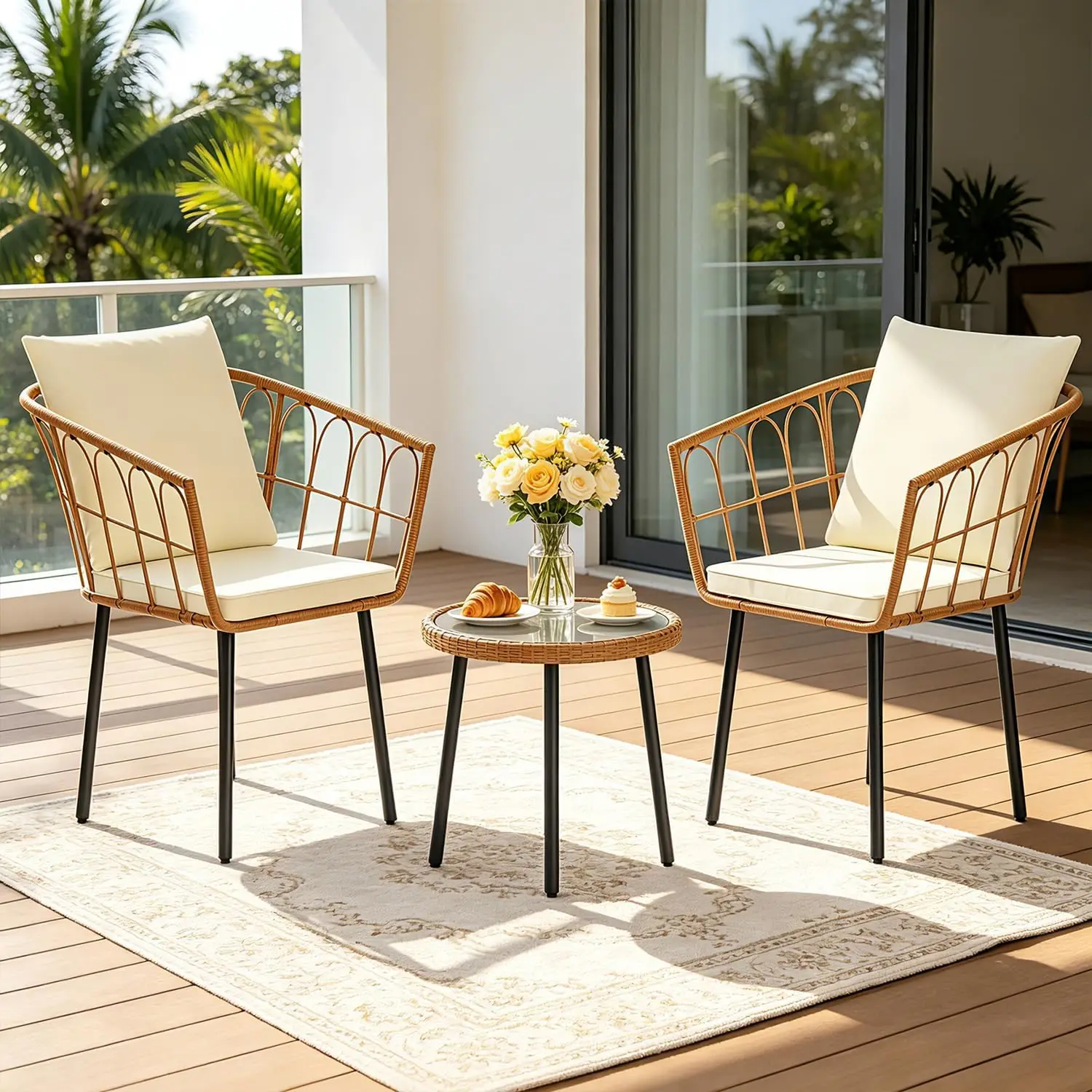 3 Pieces Patio Furniture Set, Patio Furniture Natural Rattan Patio Chairs Set with Coffee Table Cushion for Patio Porch Backyard Poolside Gardent, Beige