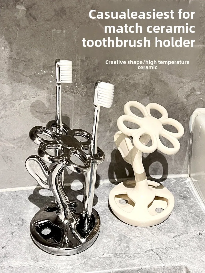 Creative Flower Toothbrush Holder Home Cosmetics Eyebrow Pencil Storage Holder Ceramic Toothbrush Shelf Bathroom Accessories