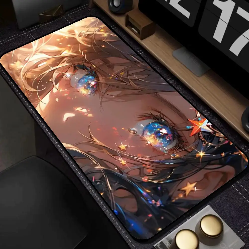 Shimmer Star Glowing Eye Art Large Gaming Mouse Pad, Abstract Glitter Portrait Stitched Edge Non-Slip Rubber Extended Desk Mat