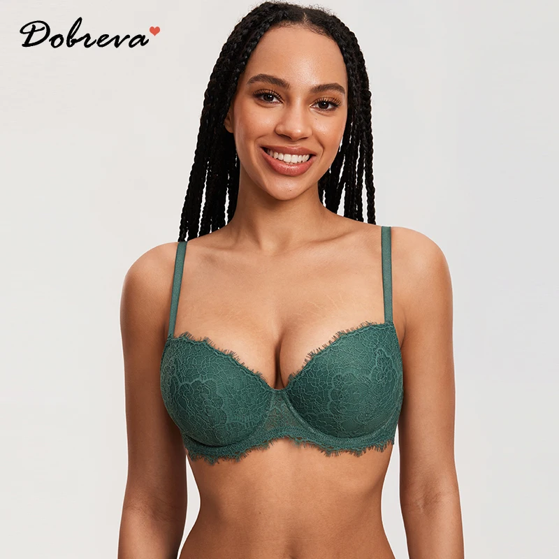 

DOBREVA Women's Lace Lightly Padded Bra Demi Full Coverage Plus Size Bras Underwire Support