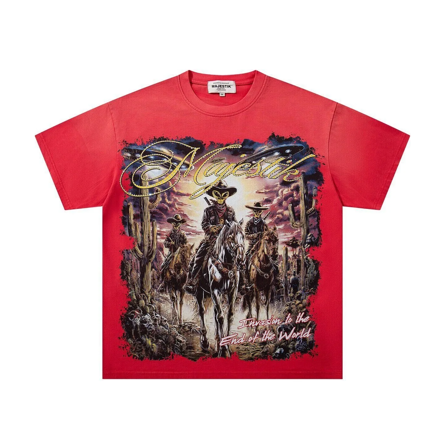 MAJESTIK Hip-Hop Street Alien Print Loose Retro Beaded Antique Short-Sleeved T-Shirt for Men and Women - Summer
