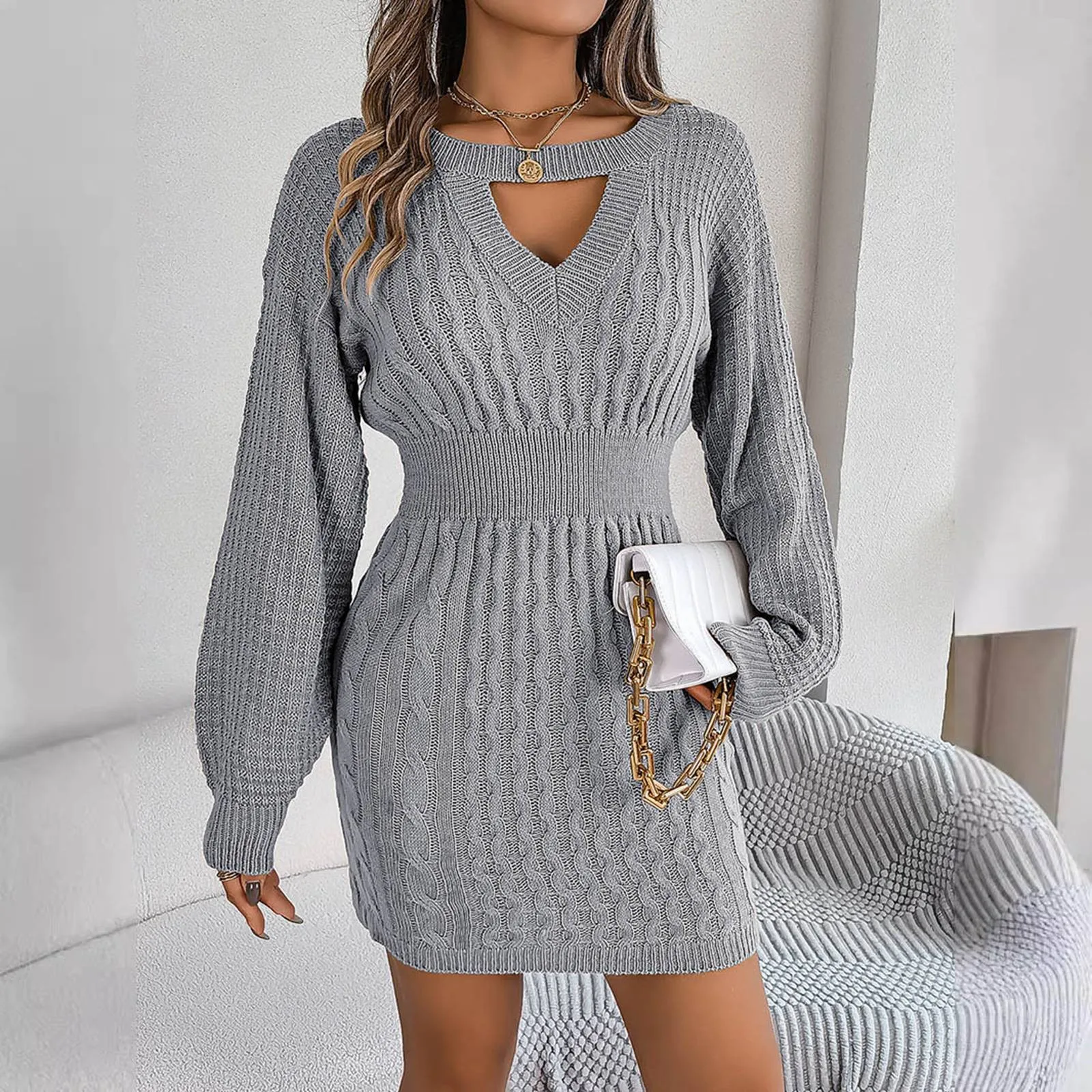 

Women Fall Cable Knit Sweater Dress Sexy Cut Out Long Sleeve Slim Fitted Tight Bodycon Dress Y2K Night Club Party Mini Dress