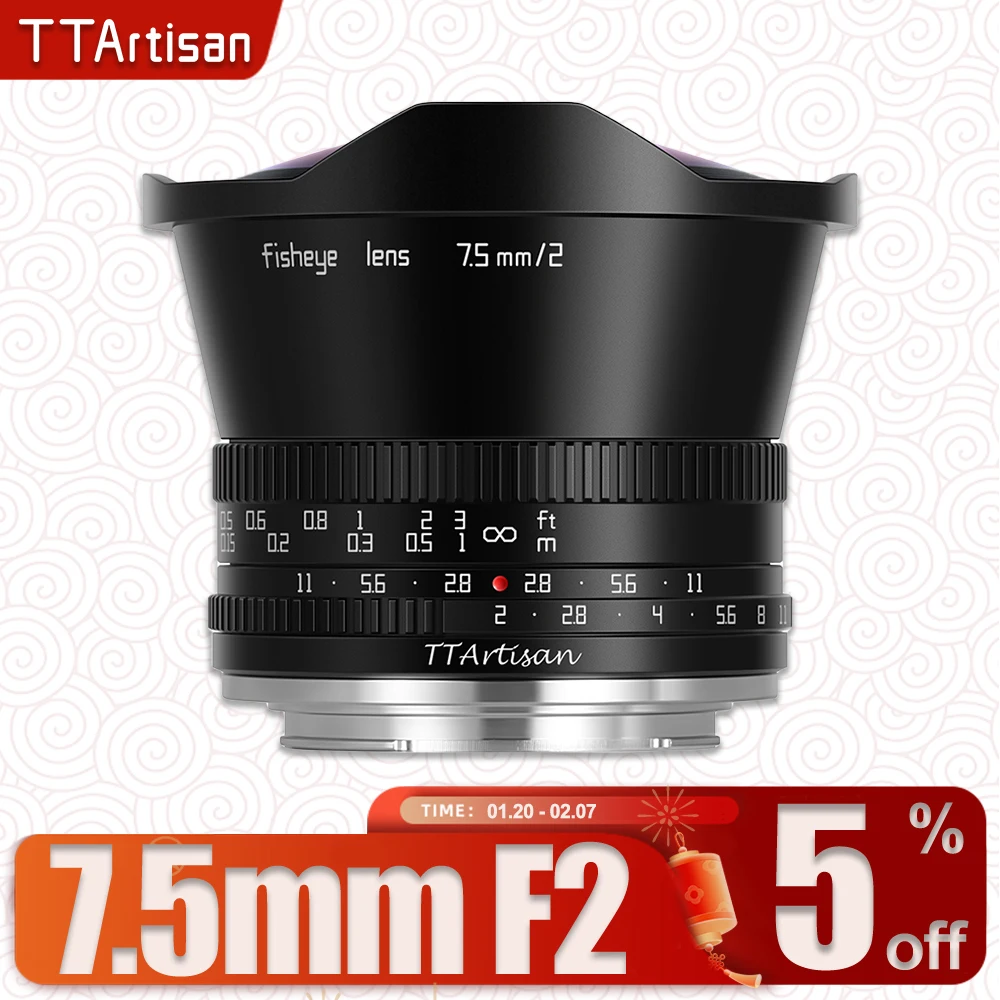 TTArtisan APS-C 7.5mm F2 Fisheye Portrait Photography Mirrorless Camera Lens for Canon M50 Leica T Sigma FP Fuji XS10 Sony A7