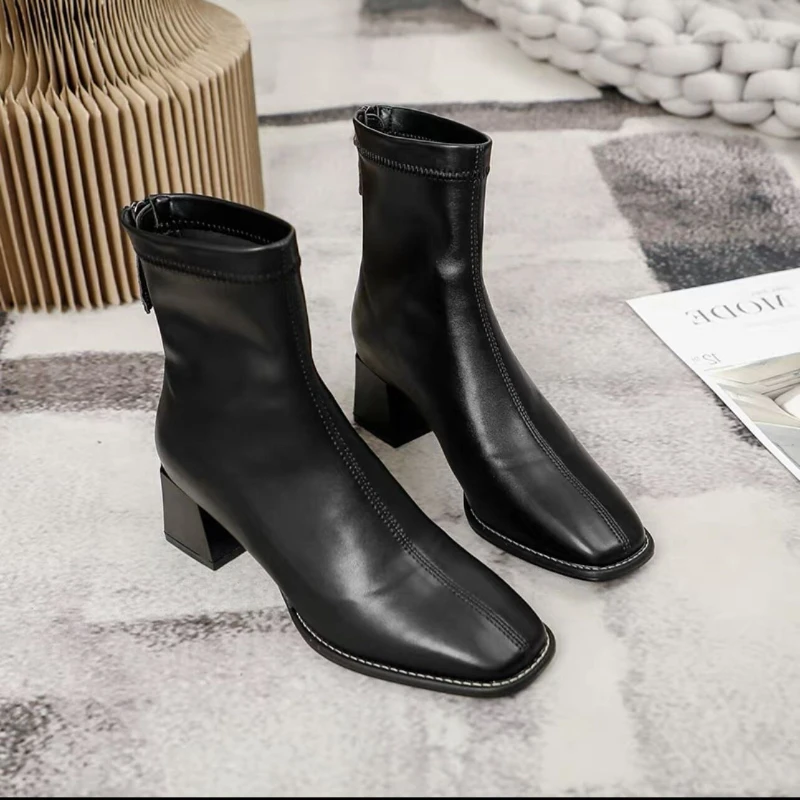 French Women Shoe Autumn Winter Classic Women Boot Temperament Anlke Boot Elegant Woman Heels Shoe with Cotton Warm Leather Boot