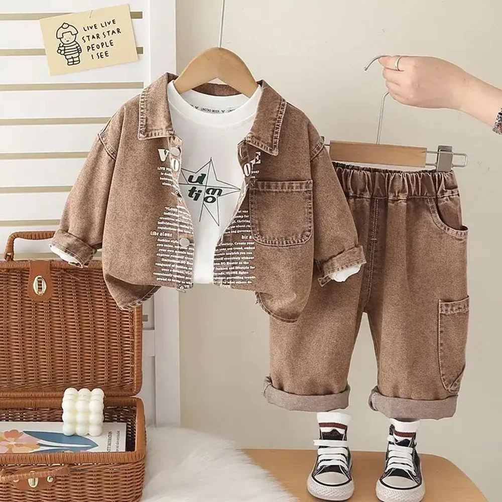 

Boys' Autumn Fashion Outfit 3-Piece Set Denim Jacket T-Shirt Jeans Children's Sportswear 2026 New Style