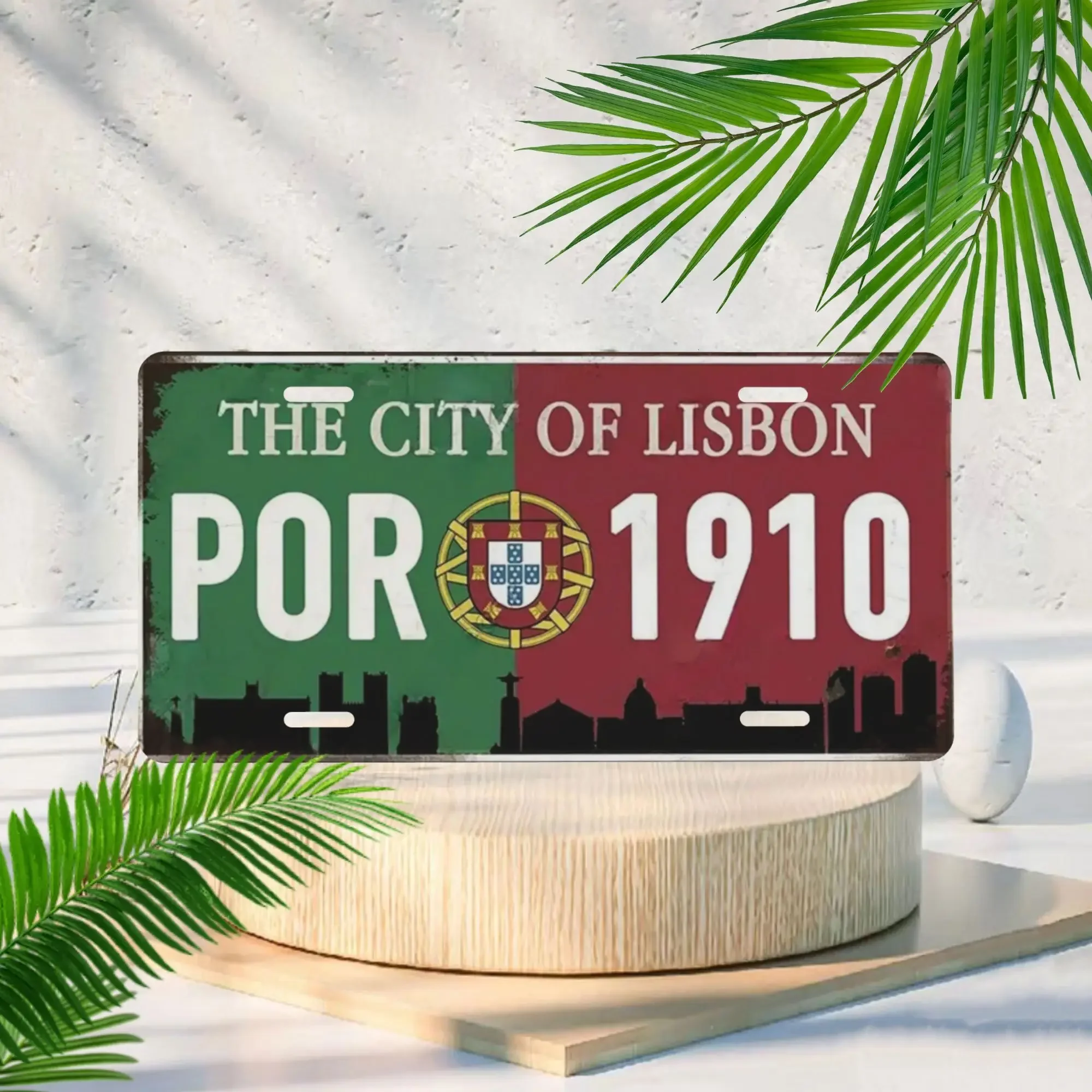 Panneau vintage en aluminium « La ville de Lisbonne » POR 1910 – Art mural en métal avec drapeau portugais, sans rouille, décora