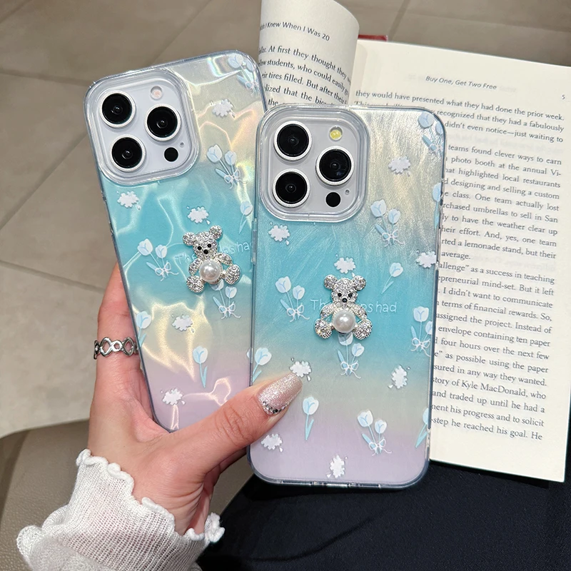 3D Teddy Bear Laser Dazzling Pleated Aurora Water Ripple Phone Case For iPhone 16 15 Pro Max 14 13 12 11 XS 7 Plus Flower Cover