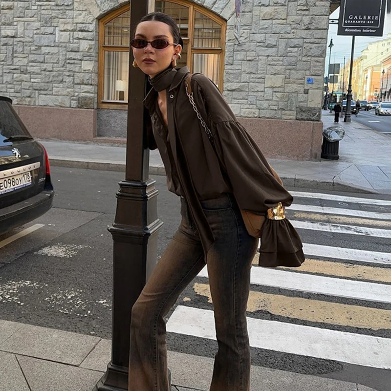 Tornova وشاح مضيئة كم قميص نسائي فضفاض التلبيب الساتان مكتب سيدة واحدة الصدر البلوزات بلون الصيف عادية جديد #5