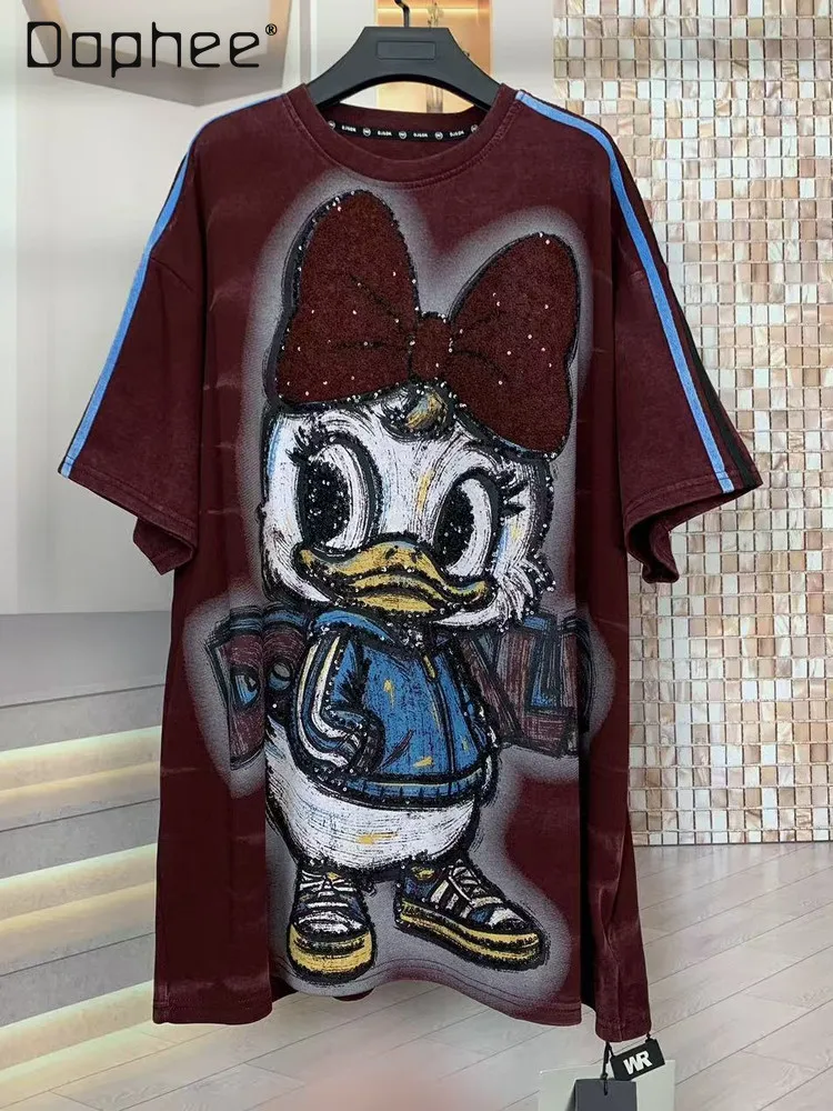 

Модная брендовая осенняя новая хлопковая модная милая футболка большого размера с героями мультфильмов, свободная футболка с короткими рукавами для женщин