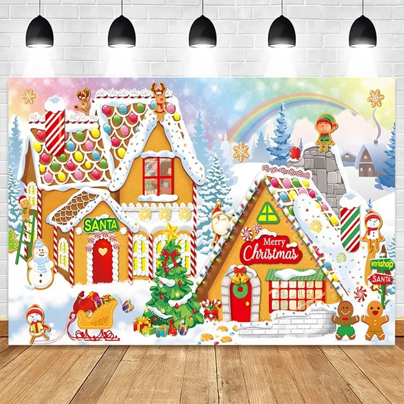Fondo de fotografía de Casa de pan de jengibre de Navidad, decoración de fiesta de cumpleaños, casa de dulces, 210x150cm