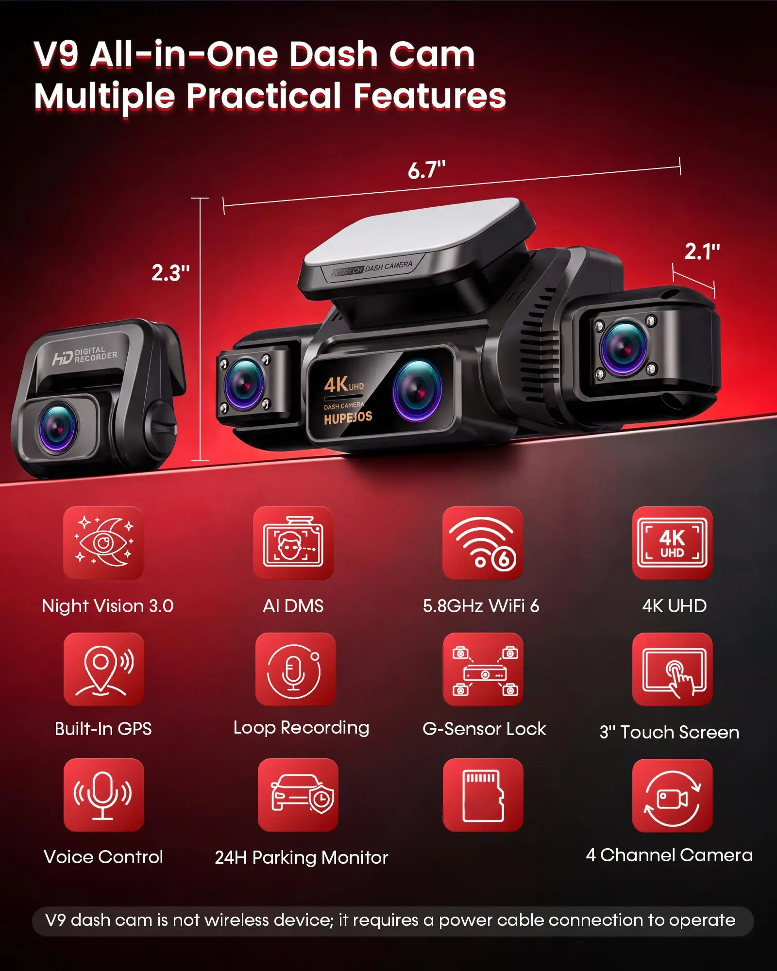 HUPEJOS V9 4CH 360° 4K Dash Cam, AI DMS Monitor, WiFi & GPS, Night Vision, Touch Screen & Voice Control, 24/7 Parking Mode