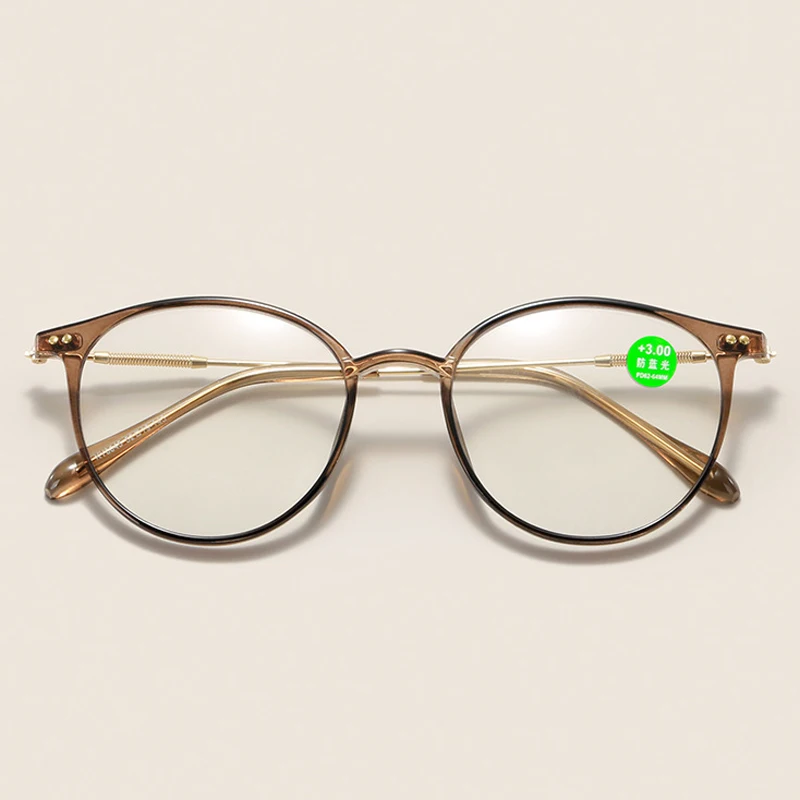 Khaki Vintage Round Women Reading Glasses Flexible Frames Reader Blue Light Blocking Eyewear +100 +150 +200 ~+400
