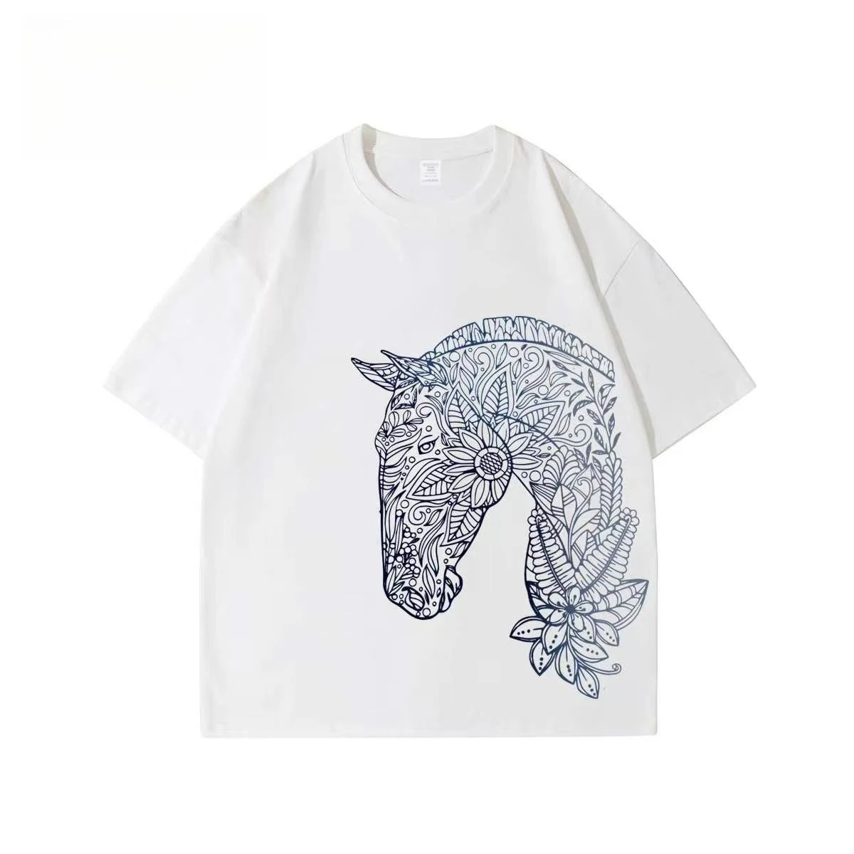 Camiseta Oversized Estampada com Cavalo Estilo Boho Y2K Verão 2026, Camiseta Casual Streetwear com Arte Floral Retrô de Mandala e Cavalo para Homens e