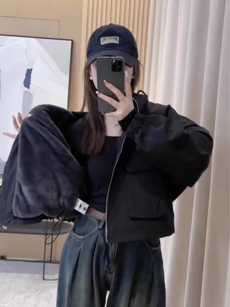 

Корейская женская модная утепленная куртка на флисовой подкладке, зимнее теплое пальто из вельвета с капюшоном на молнии