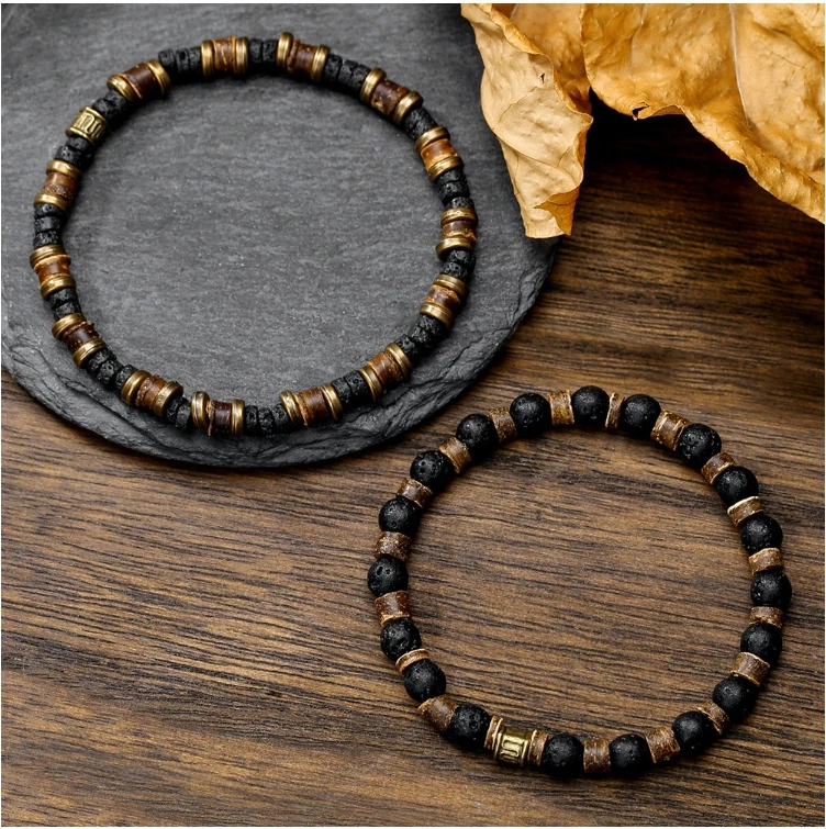 Fashion Retro volcanic stone elastic bracelet combination fashion wood chip coconut shell men stacking bracelets
