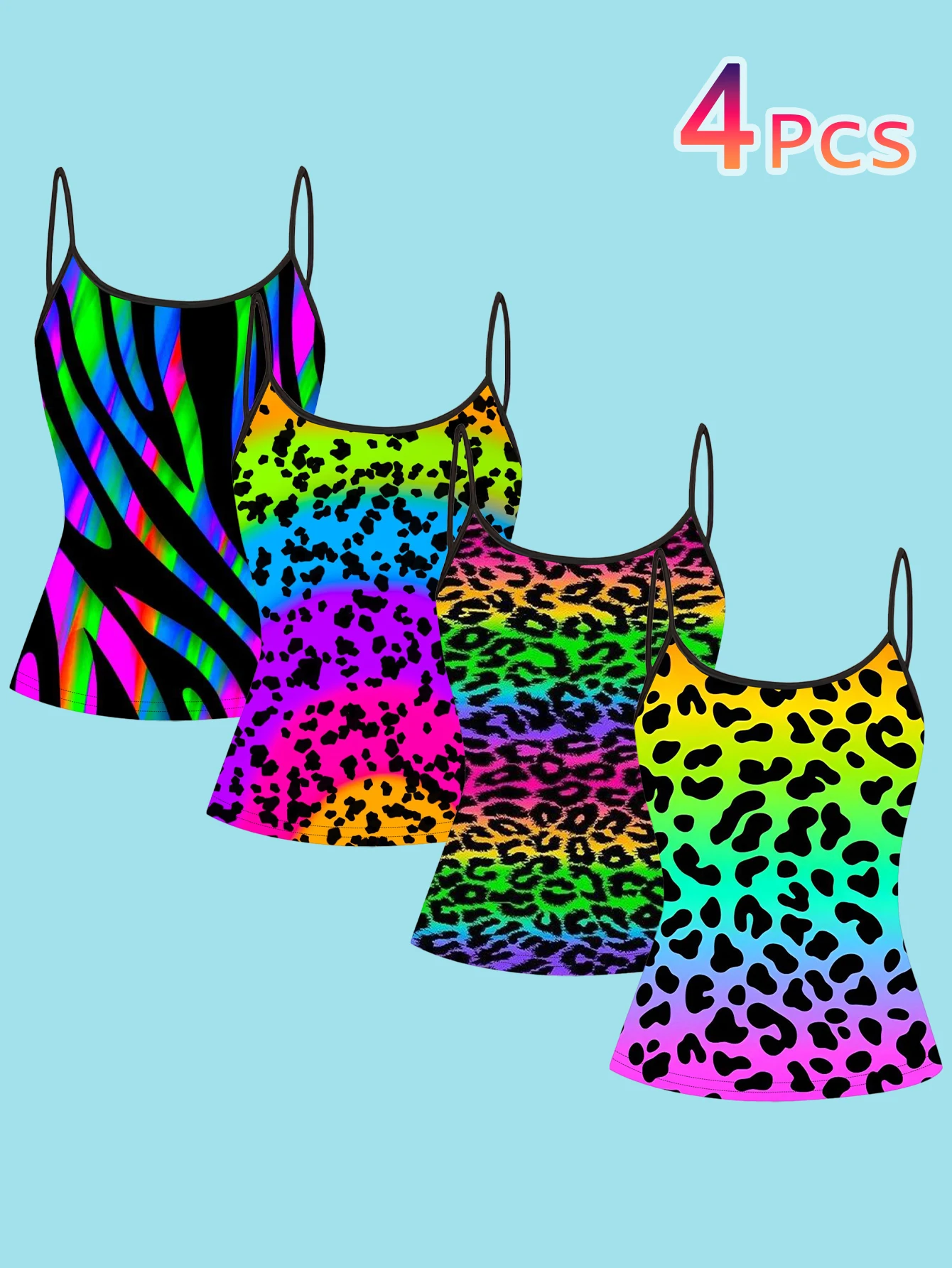4-Pack Women's Y2K Rainbow Animal Print Camisole, Neon Gradient Leopard Print Zebra Print Slim-Fit Spaghetti Strap Tank Top
