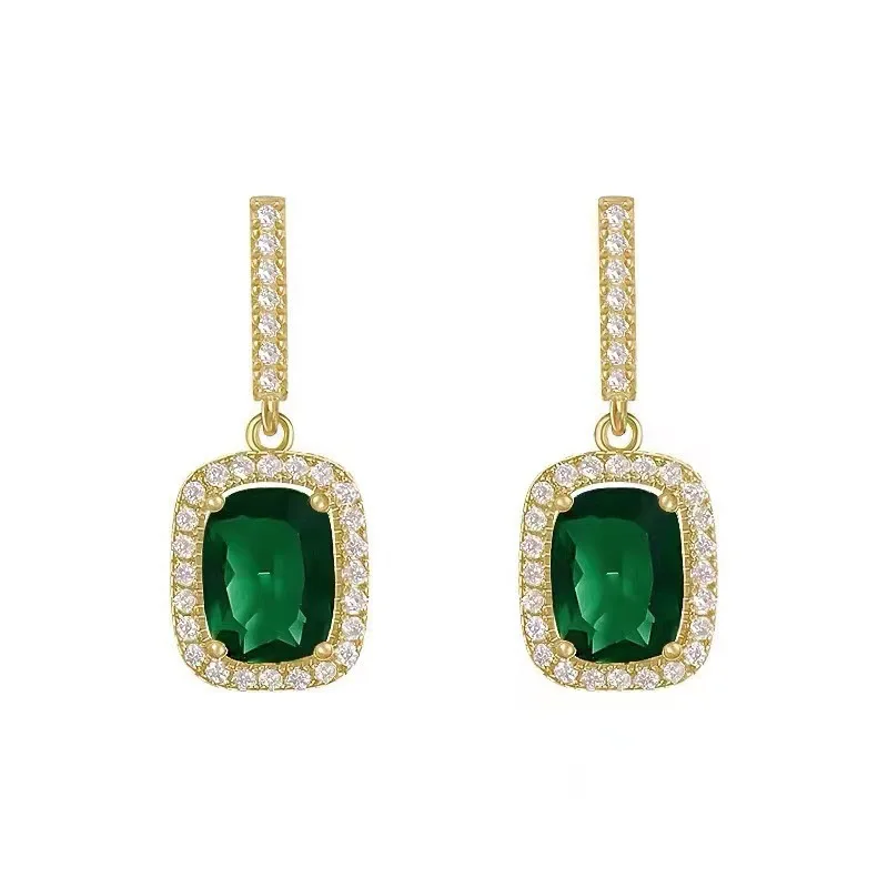 Luxury Green Grandmother Emerald Square Stud Earrings for Women Bridal Wedding Party Accessories Trendy Woman Jewelry Earrings