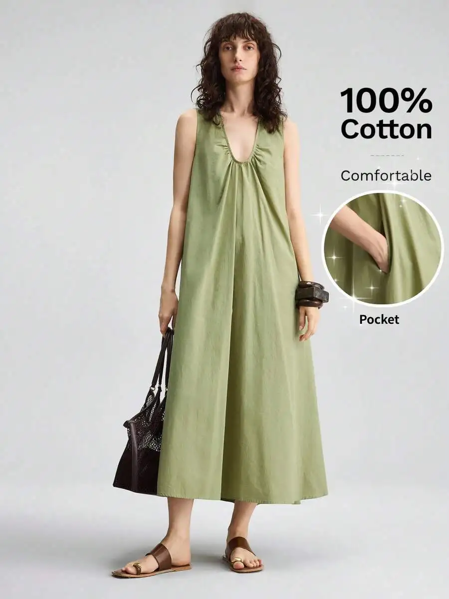 Vestido Largo de Verano 2026 para Mujer, Sin Mangas, Cuello en U, de Algodón, con Bolsillo