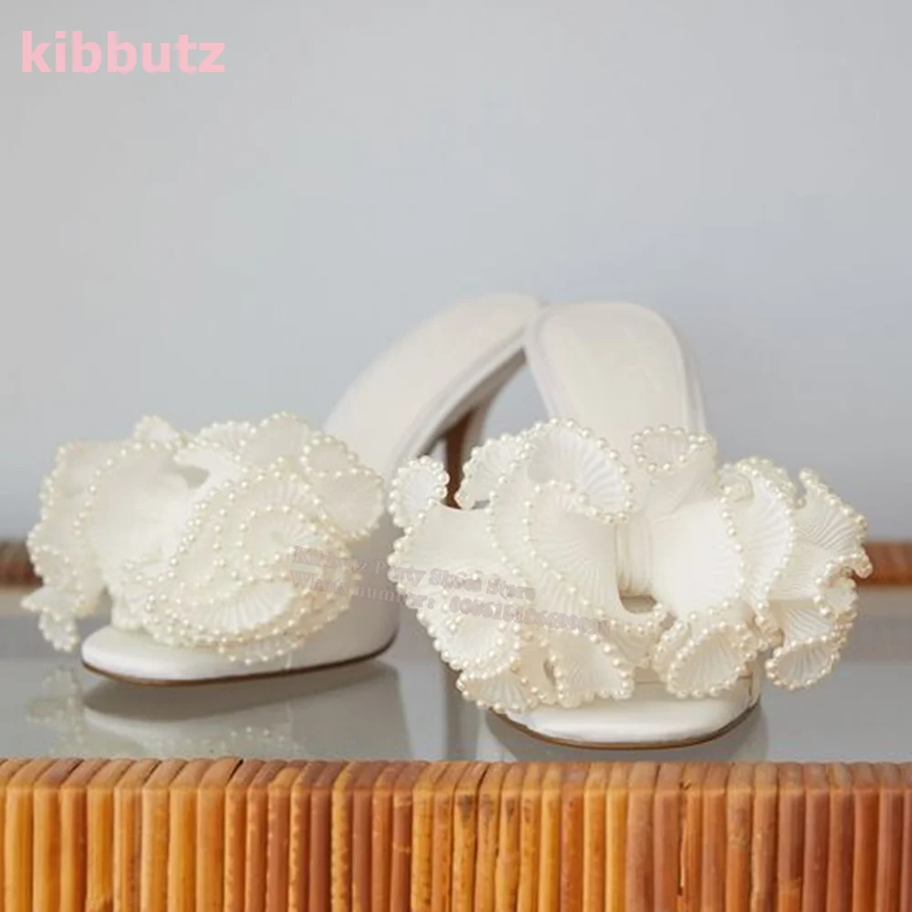 Pearl Flower Slippers Square Toe Thin Heels Ruffles Floral Pleated Mixed Color Slip-On Fashion Elegant Sexy Shoes Summer Newest