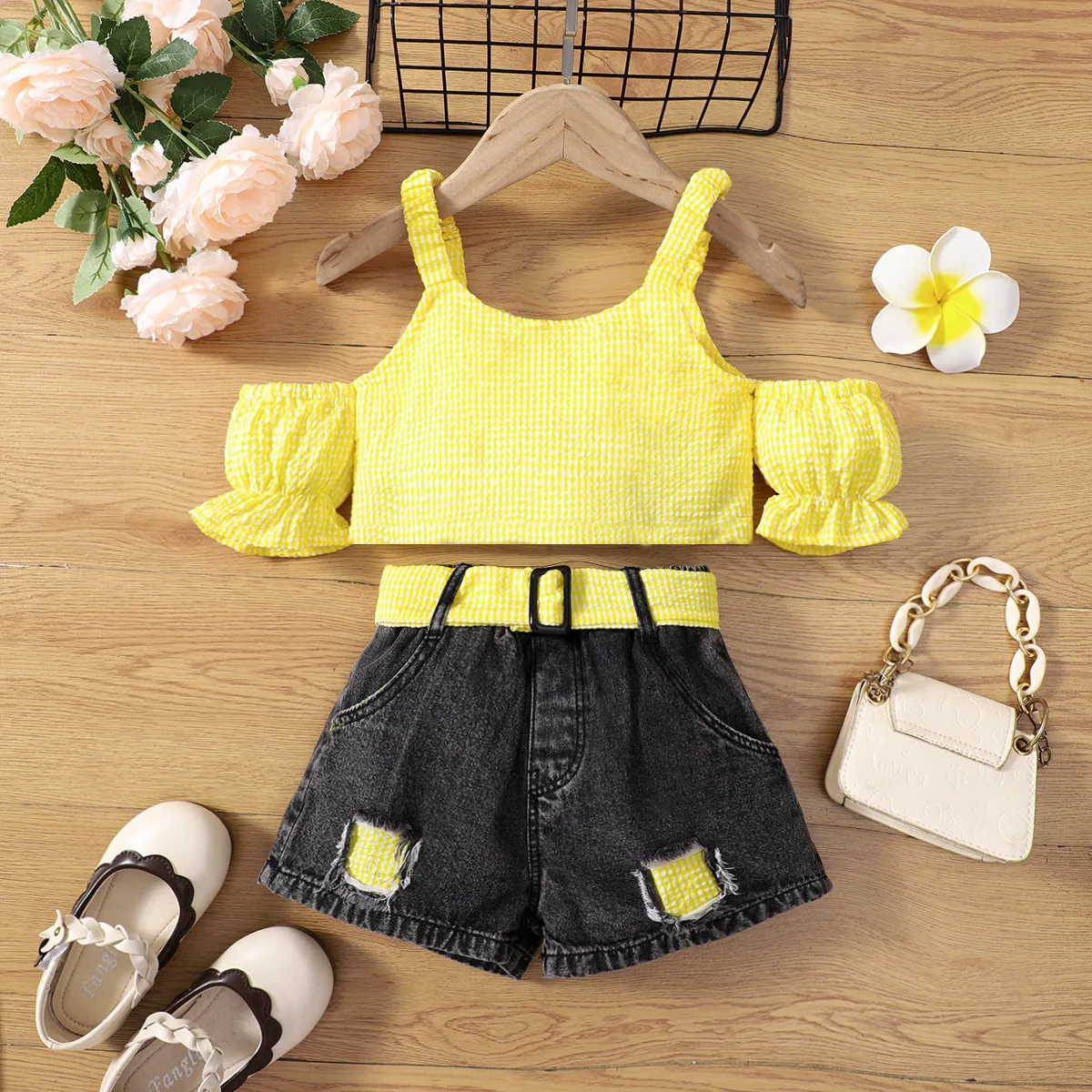 Summer suspender off shoulder flared sleeve short top denim shorts set for small and medium-sized girls