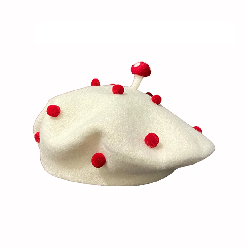 Female Wool Mushroom Handmade Bud Hat Sweet Cute Cartoon Artist Autumn Winter Red French Beret Caps