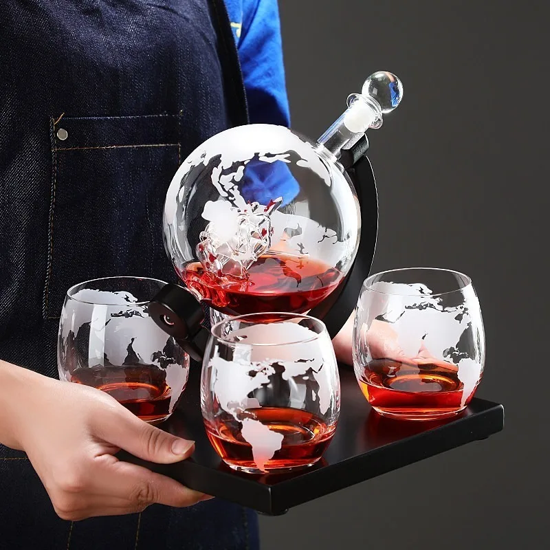 Decorative Globe Wine Decanter Set, Glass Carafe with Stand for Home Bar Gift, Elegant