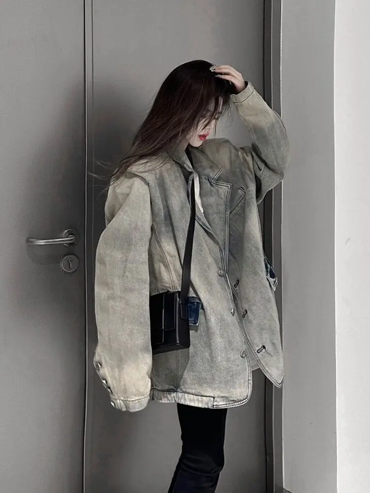 Abrigo vaquero único Primavera Verano mujer chaqueta mujer otoño abajo botón profesional con muescas con cuentas fajas funcionales Casual