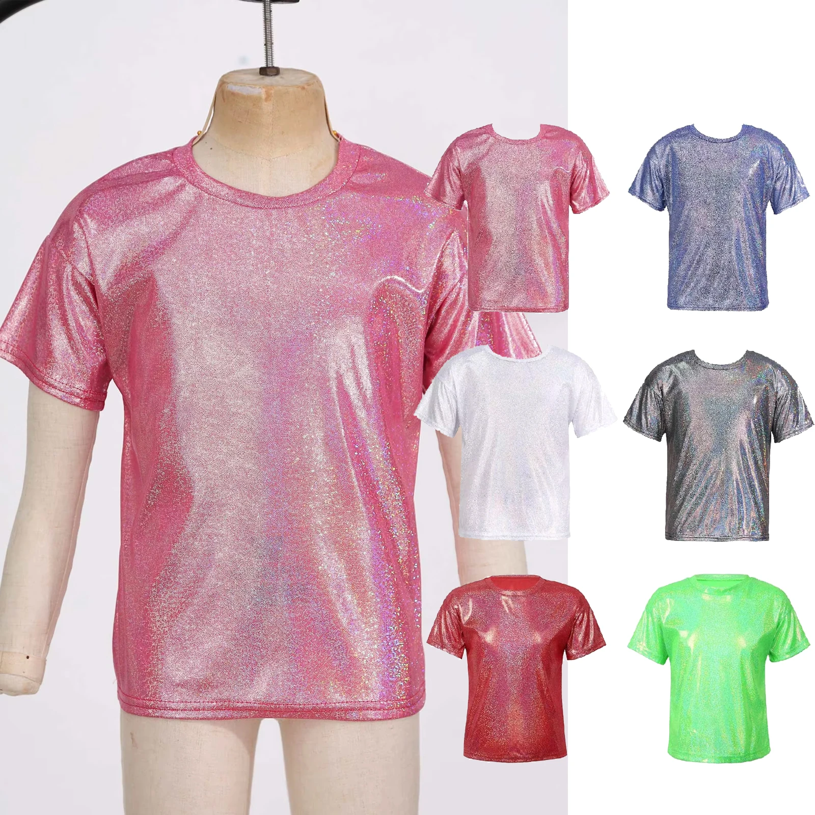 

Kids Girls Boys Metallic Shiny T-shirt Sparkly Modern Hip Hop Jazz Dance Tees Tops Blouse Children Stage Performance Dancewear